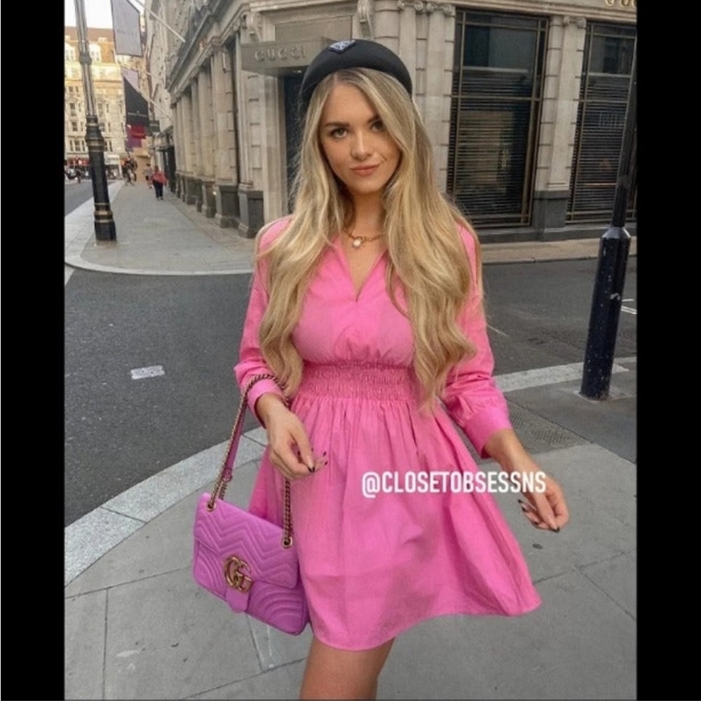 Zara collard v neck pink mini dress — smocked waist long sleeves skater dress - Picture 6 of 15